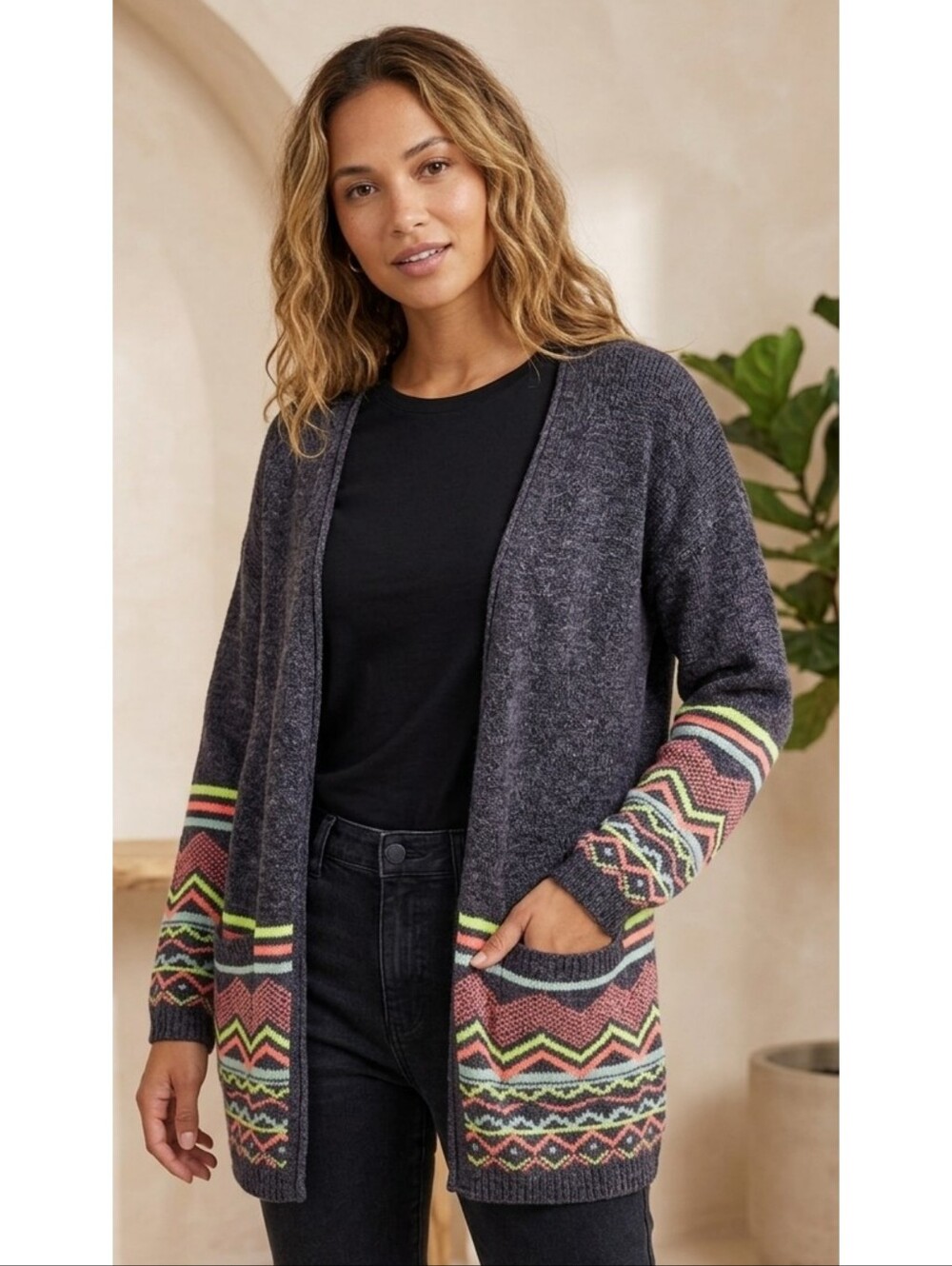 Lulumari Open front Cardigan Sweater Gray with Neon designs Size M/L